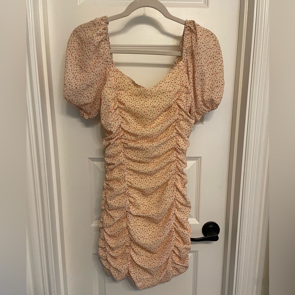yellow floral rouched dress